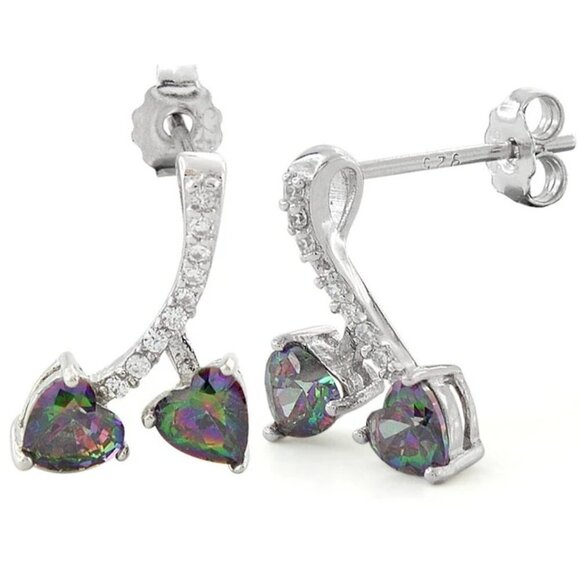 Sterling Silver Cherry Hearts Rainbow Topaz CZ Earrings - Picture 1 of 1